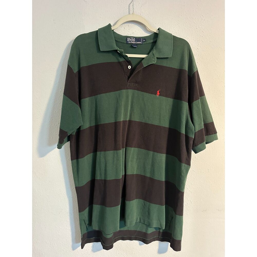 Polo Ralph Lauren Rugby Polo Shirt XL Green Brown Striped Big Pony Cotton Preppy - Picture 2 of 8